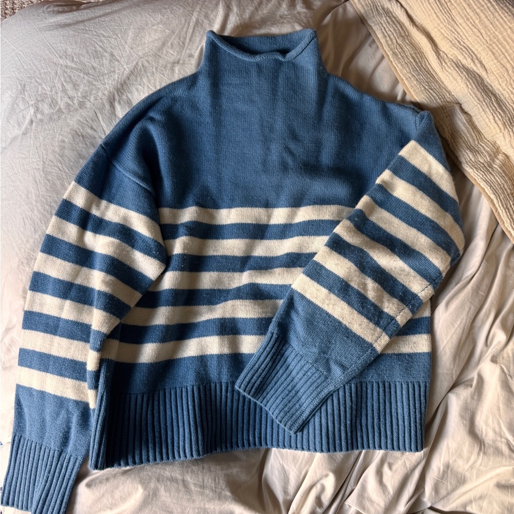 KULE Blue and White Striped Turtleneck Sweater